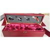 Image 3 : 2 BRAND NEW WINE GIFT BOXES - 2 BOTTLE WINE BOX W/ CORKSCREW, 3 BOTTLE STOPPERS, THERMOMETER, POURER