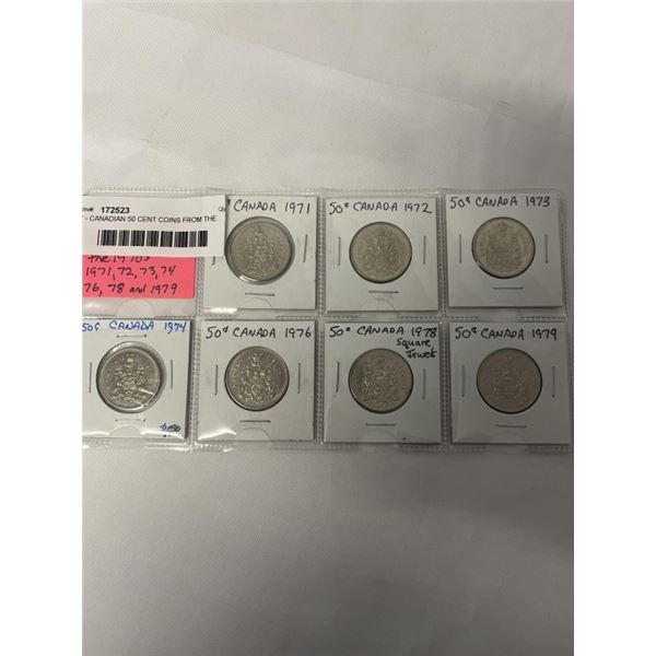 7 - CANADIAN 50 CENT COINS FROM THE 1970S - 1971, 1972, 1973, 1974, 1976, 1978, 1979