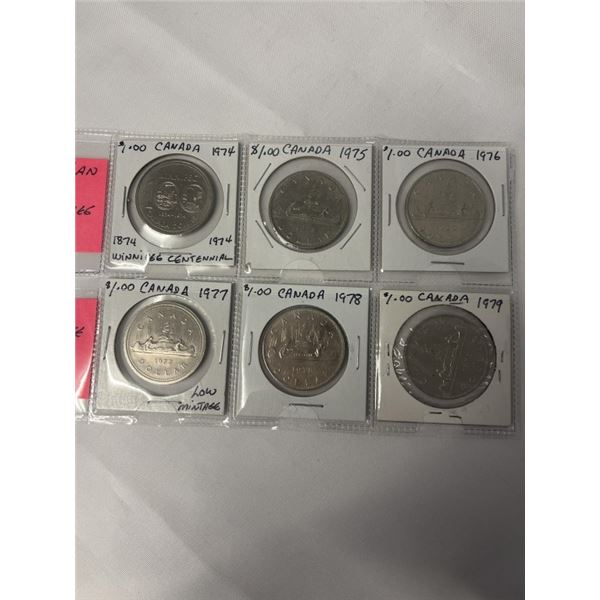 6 CANADIAN DOLLARS - 1974 (WINNIPEG CENTENNIAL), 1975, 1976, 1977 (LOW MINTAGE), 1978, 1979