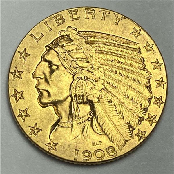 1908 Gold $5 Indian Head AU55