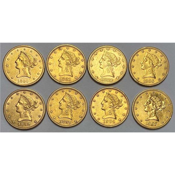 Last Minute! 1880-S-1907 Gold $10 Liberty Head MS60-MS63 Details (8-coins)