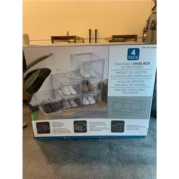 Stackable shoe box and organizer, pack of 4