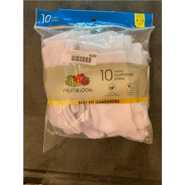Fruit of the Loom 10 pack of ladies cushioned crew socks, sizes 8-12