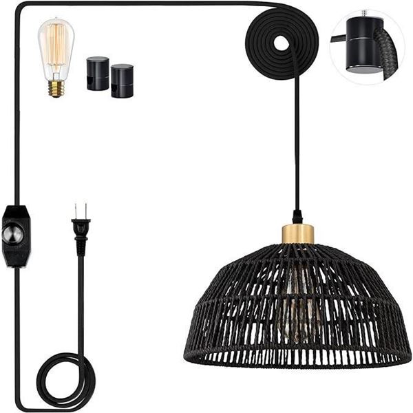 Plug in Pendant Light, Hanging Lights with 15ft Cotton Cord & Stepless Dimming Switch, Rattan Lamp f