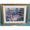 Image 1 : Framed print garden path with flowers and sailboats in background