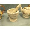 Image 4 : granite mortar and pestle, cups and saucers, teapots