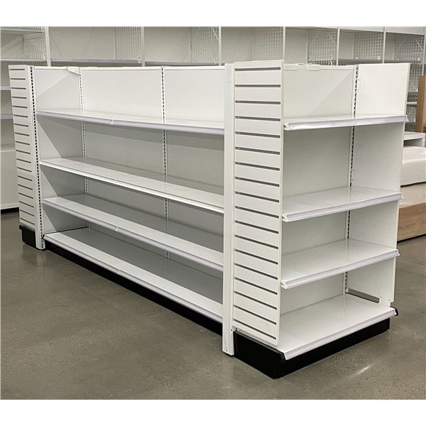 4 tier retail shelving double-sided gondola with end caps (approx. 132in W 61in H 38in D - excellent