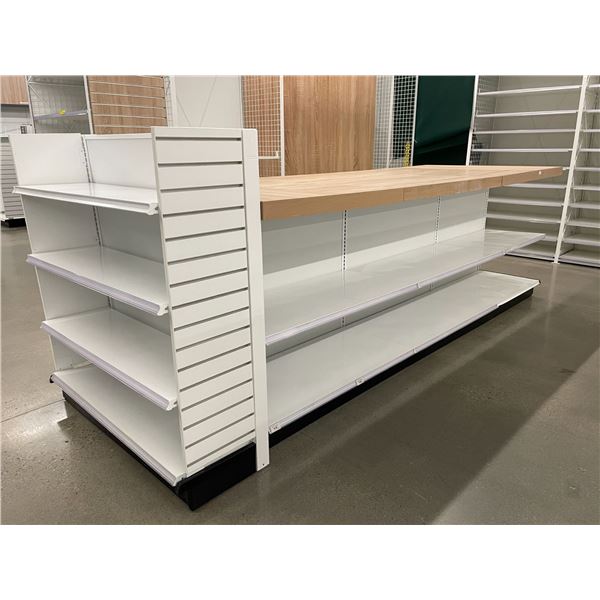 Large 2 tier retail double-sided with large wooden table top & single end cap (approx. 153in W 51 1/