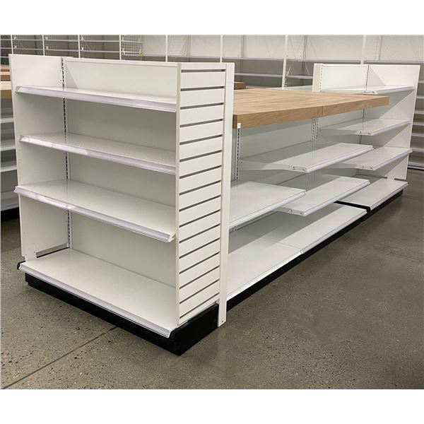 Large 3 tier retail double-sided with large wooden table top, single end cap & double-sided gondola 