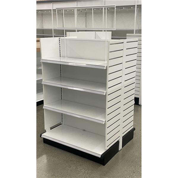 Double-sided retail shelving unit (approx. 34in W 59in H (69in w/sign holder) 38in D - excellent con