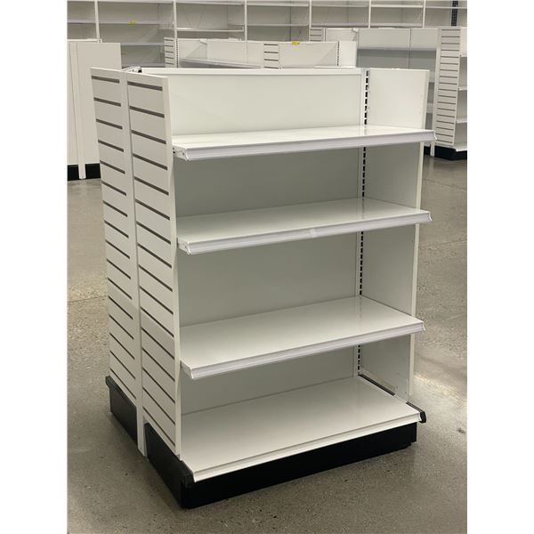 Double-sided retail shelving unit (approx. 34in W 59in H (69in w/sign holder) 38in D - excellent con