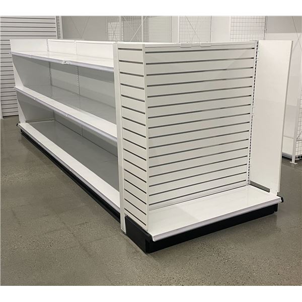 3 tier retail shelving double-sided gondola with single end cap (only one side has shelves - approx.