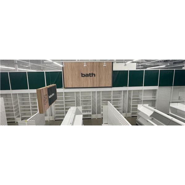 Large 12 rows of 2, 3 & 7 tier retail shelves (approx. 48ft W 148in H 26in D - excellent condition) 