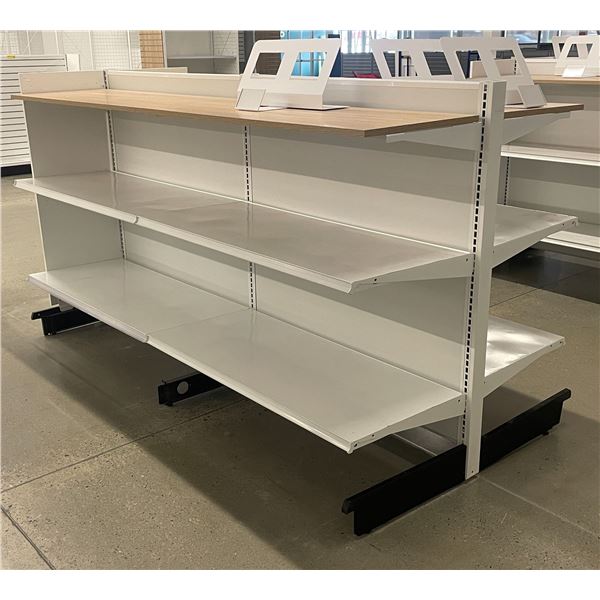 3 Tier retail double-sided gondola w/approx. 3 display stands (approx. 98in W 55in H 43in D - excell