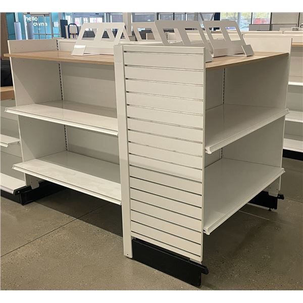 3 Tier retail double-sided gondola with single end cap w/4 display stands (approx. 73in W 55in H 50i