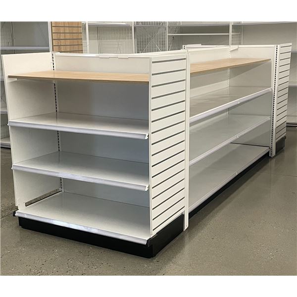 Large 4 Tier retail shelving double-sided gondola with end caps (approx.147in W 55in H 50in D - exce