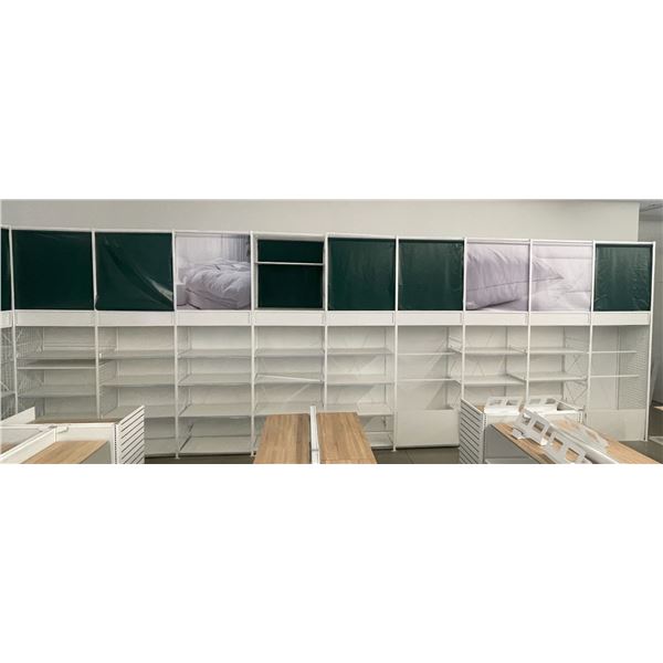 9 rows of 4 retail shelves (approx. 36ft W 148in H 26in D - excellent condition) BIDDERS ARE RESPONS