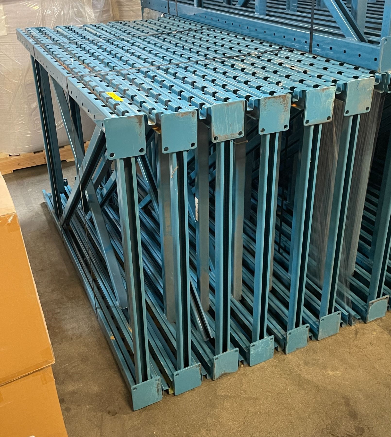6 Blue pallet racking of uprights (approx. 43in W 73in H 7in D)