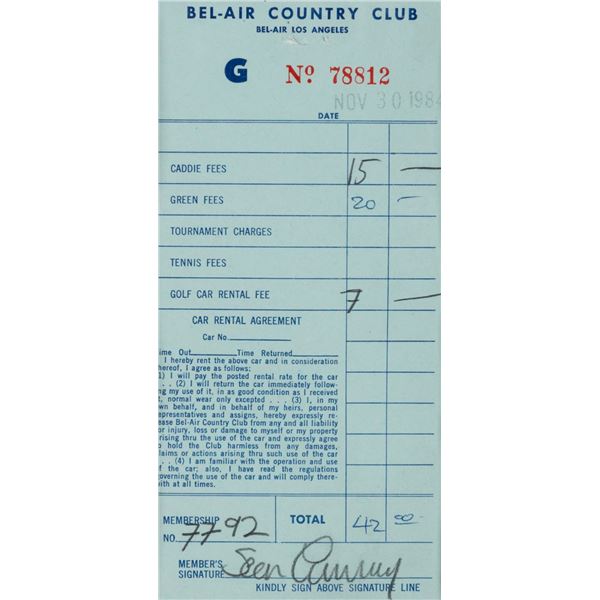 A Sean Connery Signed Golfing Receipt.