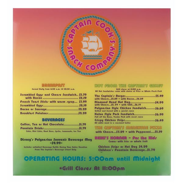 Captain Cook S Menu A Polynesian Resort Captain Cook's Menu Sign. - Van Eaton Galleries