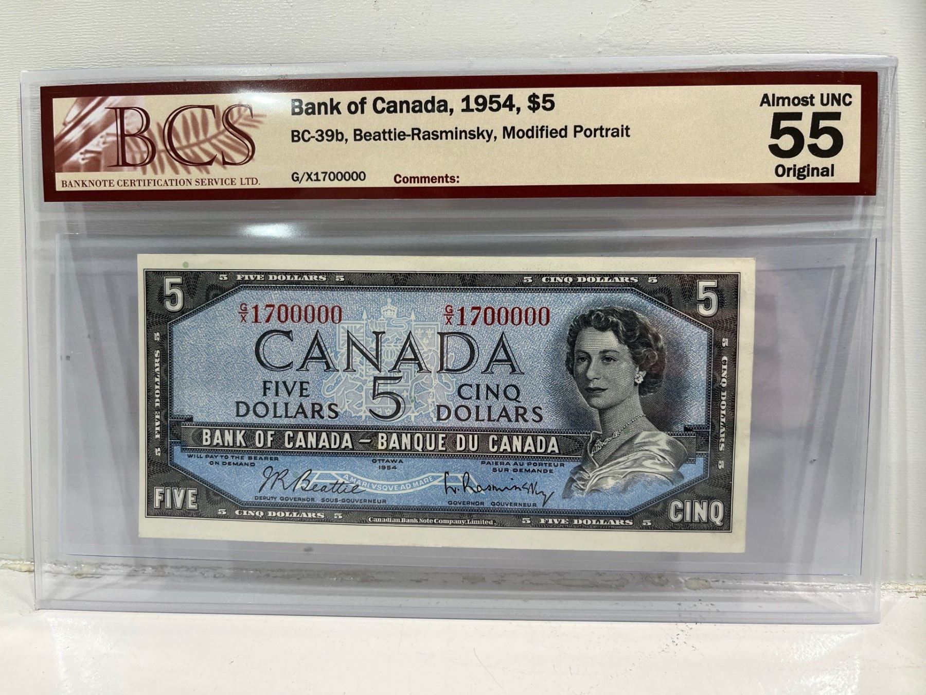 1954 Bank of Canada 5 Dollar Modified Note SN G/X1700000 Beattie ...