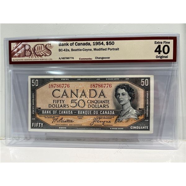 1954 Bank of Canada 50 Dollar Modified Note SN A/H8786776 Beattie-Coyne ...