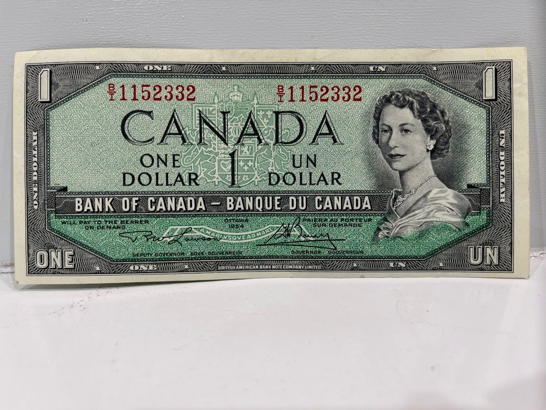 1954 Bank of Canada 1 Dollar Modified Note SN B/I1152332 Lawson-Bauey ...