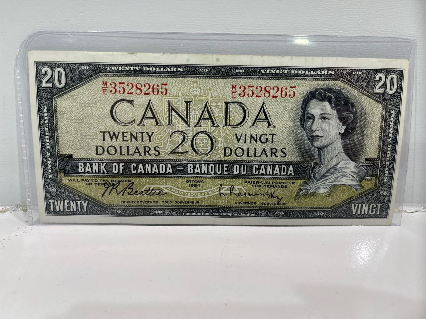 1954 Bank of Canada 20 Dollar Modified Note SN M/E3528265 Beattie ...
