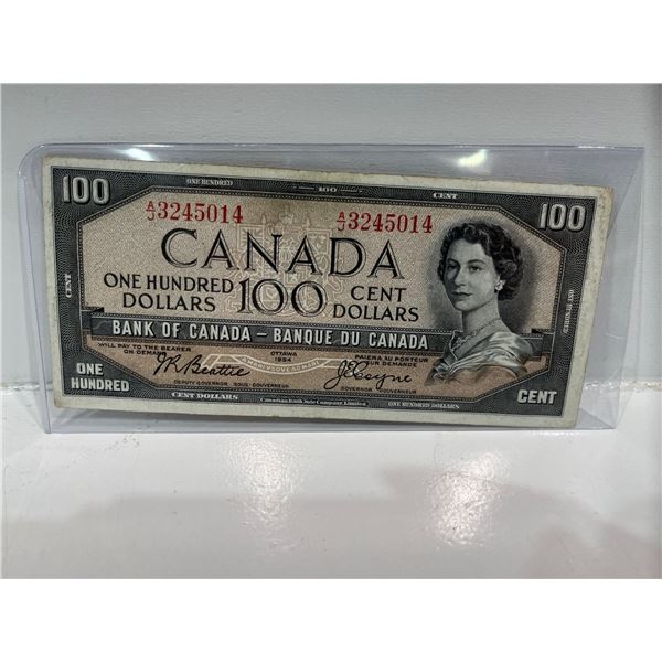 1954 Bank of Canada 100 Dollar Modified Note SN A/J3245014 Beattie ...