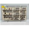 Image 1 : 1988 Bank of Canada 4 Sequential 100 Dollar Notes in Display SN BJH0987958-61 Theissen-Crow