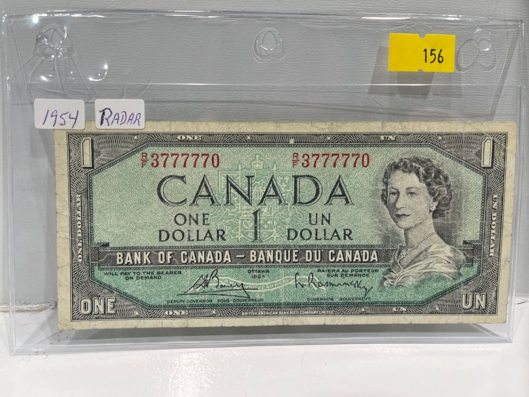 1954 Bank of Canada 1 Dollar Modified Note SN R/F3777770 Bauey ...