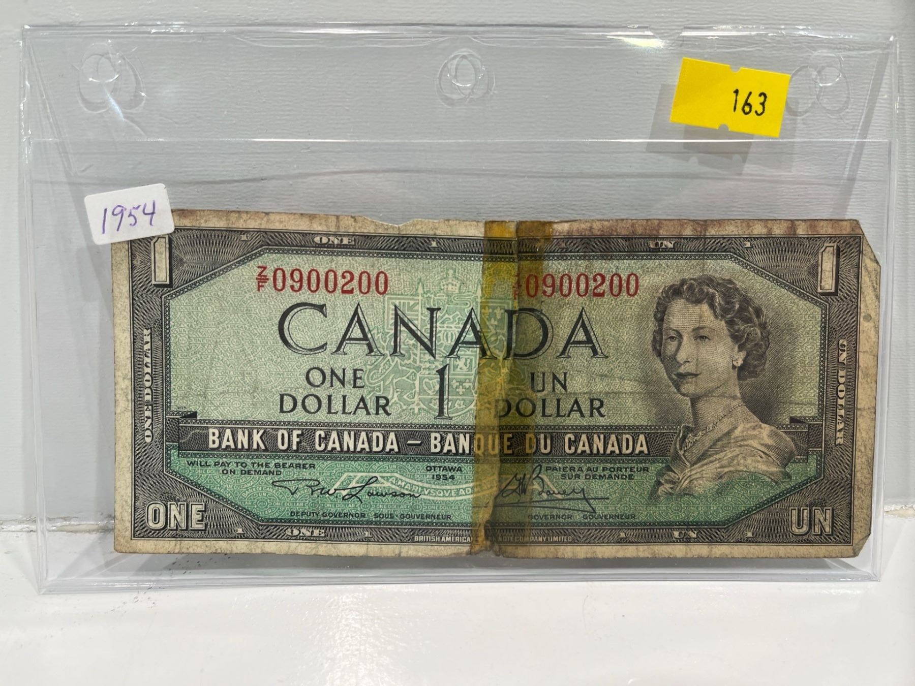 1954 Bank of Canada 1 Dollar Modified Note SN Z/F0900200 (taped ...