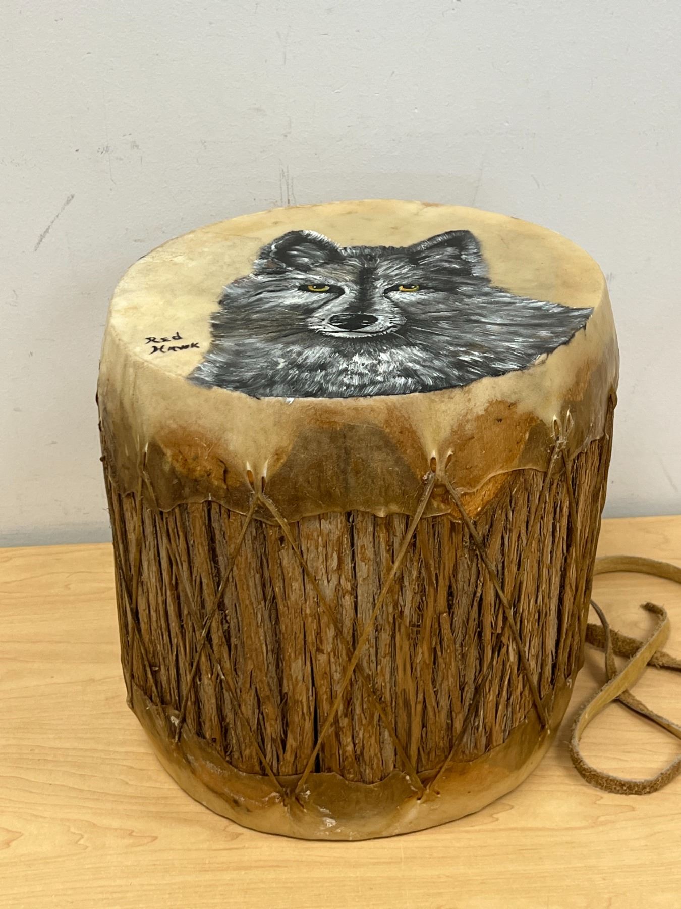 First Nations Tree Trunk Drum Painted Rawhide -