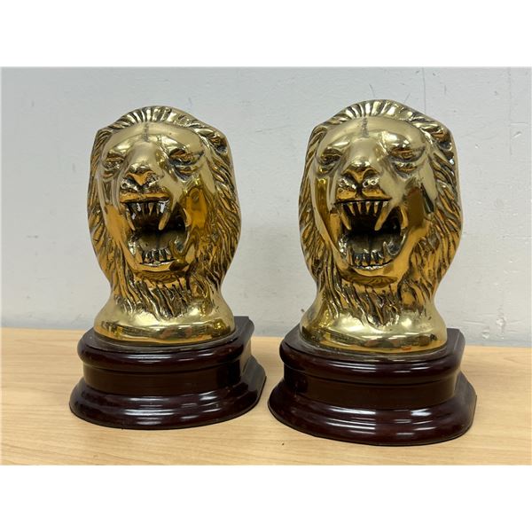 Brass Roaring Lion Bookends on Wooden Bases - Approx: 7.5"T 5"W