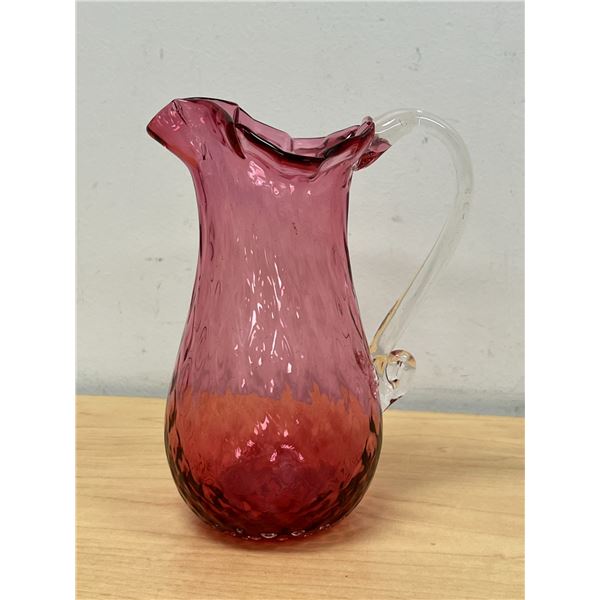 Blown Cranberry Clear Handled Art Glass Jug / Pitcher - Approx: 7.25" tall