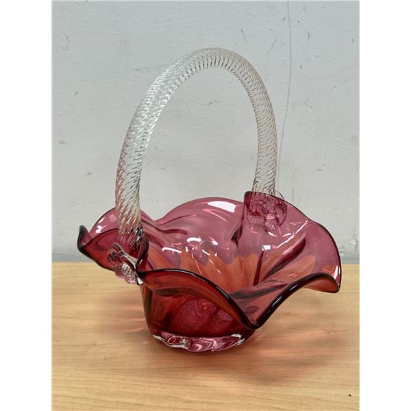 Blown Cranberry Clear Handled Art Glass Basket - Approx: 7.5"W 8" T