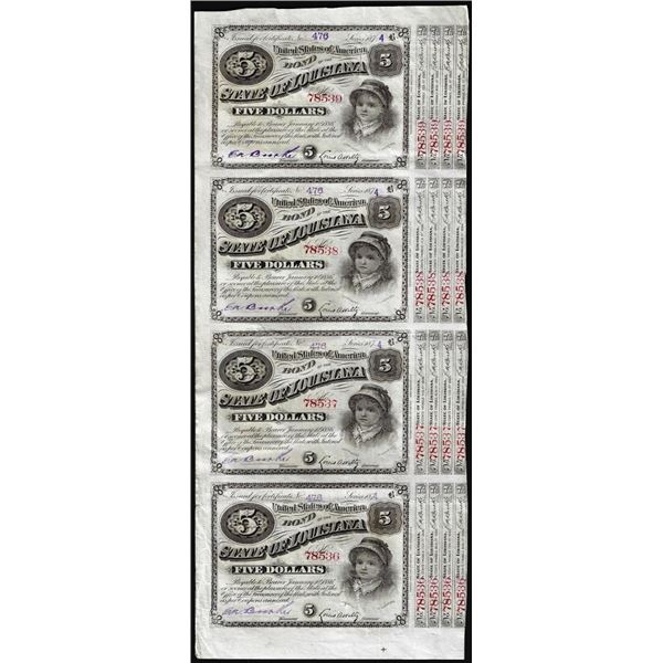 Uncut Sheet of (4) State of Louisiana Baby Bond Obsolete Notes