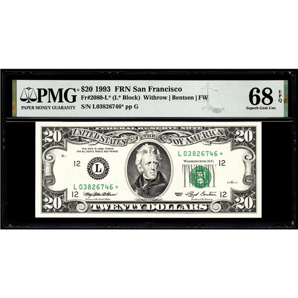 1993 $20 Federal Reserve STAR Note San Francisco Fr.2080-L* PMG Super Gem Unc 67EPQ