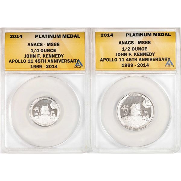 Set of 2014 Proof 1/4 oz & 1/2 oz Platinum JFK Apollo 11 Anniversary Medal ANACS MS68