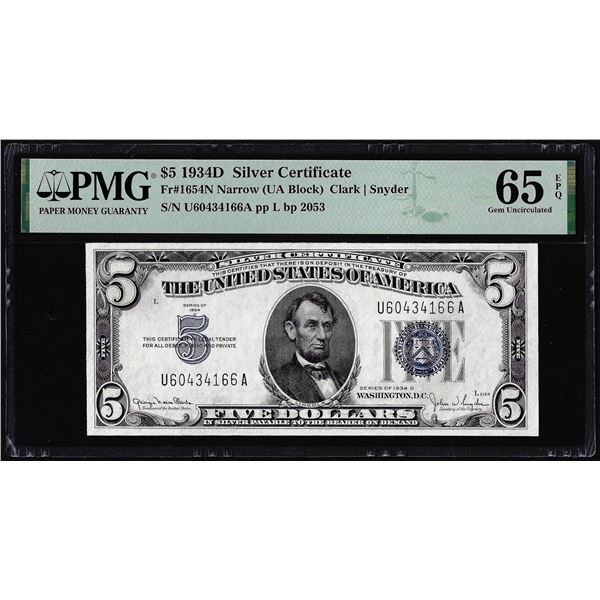 1934D $5 Silver Certificate Note Fr.1654N Narrow PMG Gem Uncirculated 65EPQ