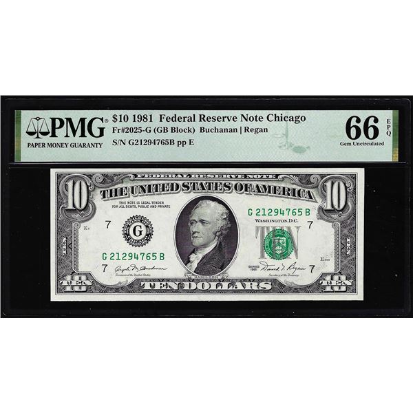 1981 $10 Federal Reserve Note Chicago Fr.2025-G PMG Gem Uncirculated 66EPQ