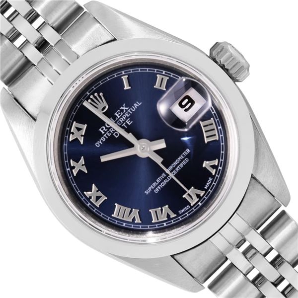 Rolex Ladies Stainless Steel Blue Roman Date Wristwatch