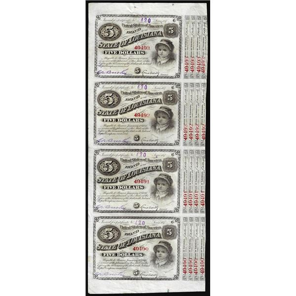 Uncut Sheet of (4) State of Louisiana Baby Bond Obsolete Notes