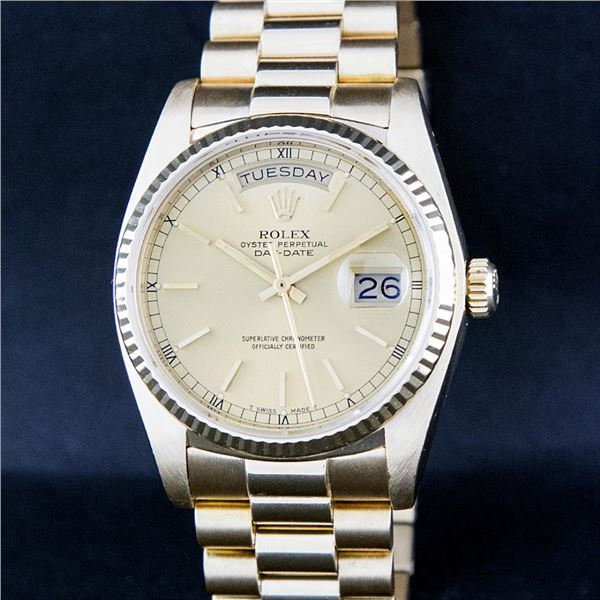 Rolex Men's 18K Yellow Gold Champagne Diamond Day Date President Wristwatch
