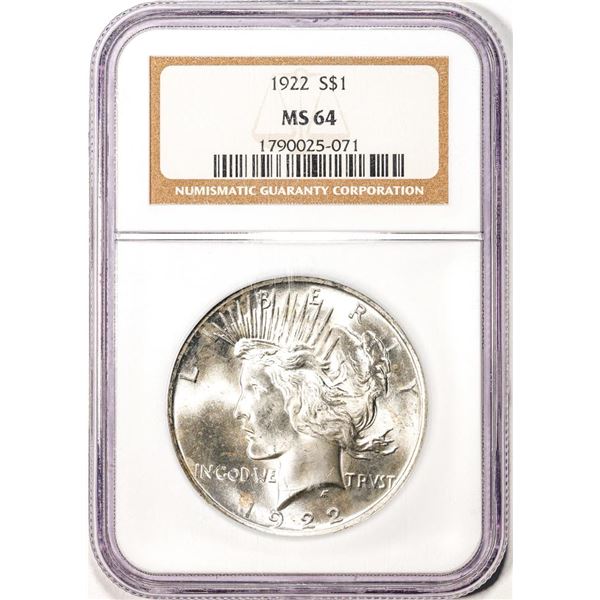 1922 $1 Peace Silver Dollar Coin NGC MS64