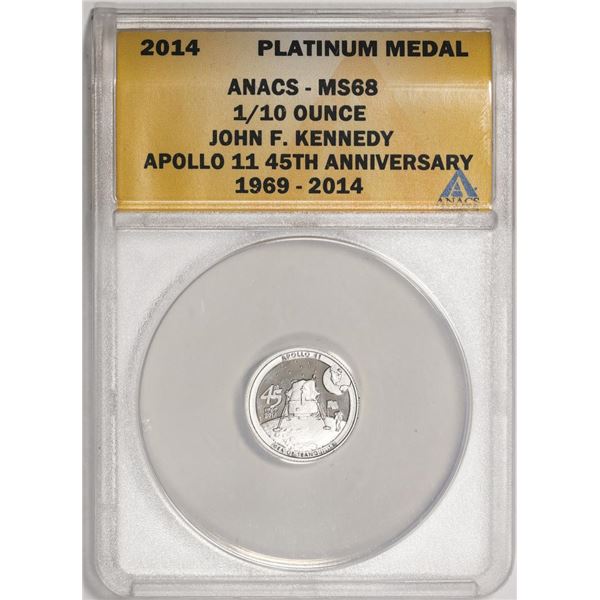 2014 Proof 1/10 oz Platinum JFK Apollo 11 Anniversary Medal ANACS MS68