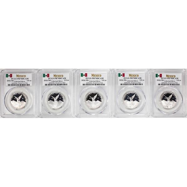 Lot of (5) 2016-Mo Mexico Proof 1/4 oz Silver Libertad Coins PCGS PR70DCAM