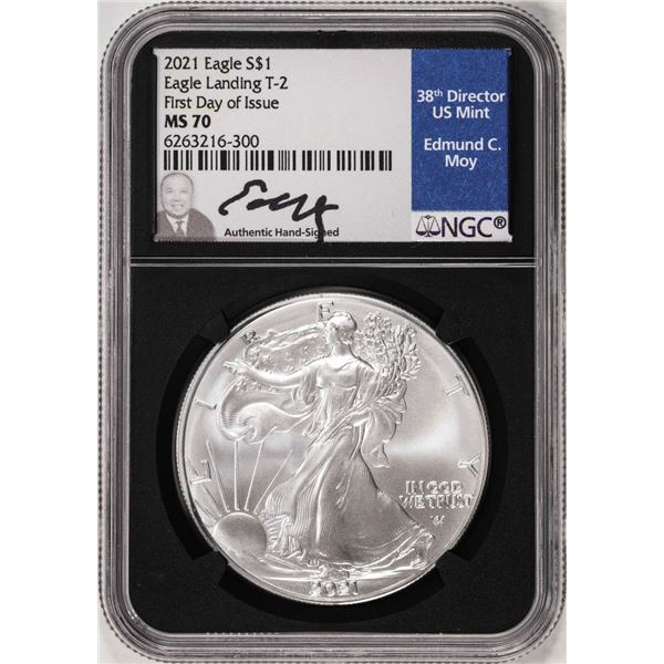 2021 Type 2 $1 American Silver Eagle Coin NGC MS70 FDOI Edmund Moy Signature
