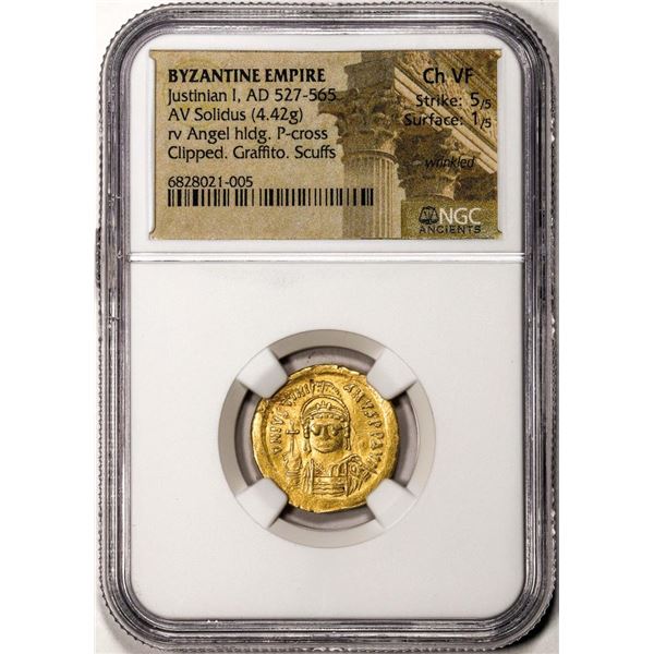 Byzantine Empire 527-565 AD Justinian I AV Solidus Ancient Gold Coin NGC Ch VF