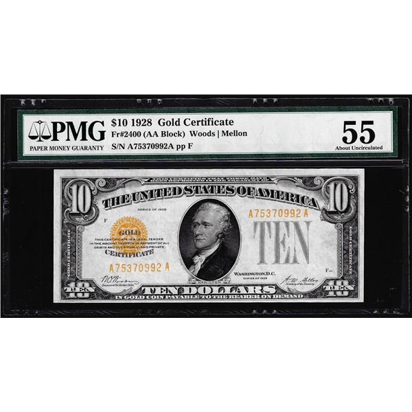 1928 $10 Gold Certificate Note Fr.2400 PMG About Uncirculated 55